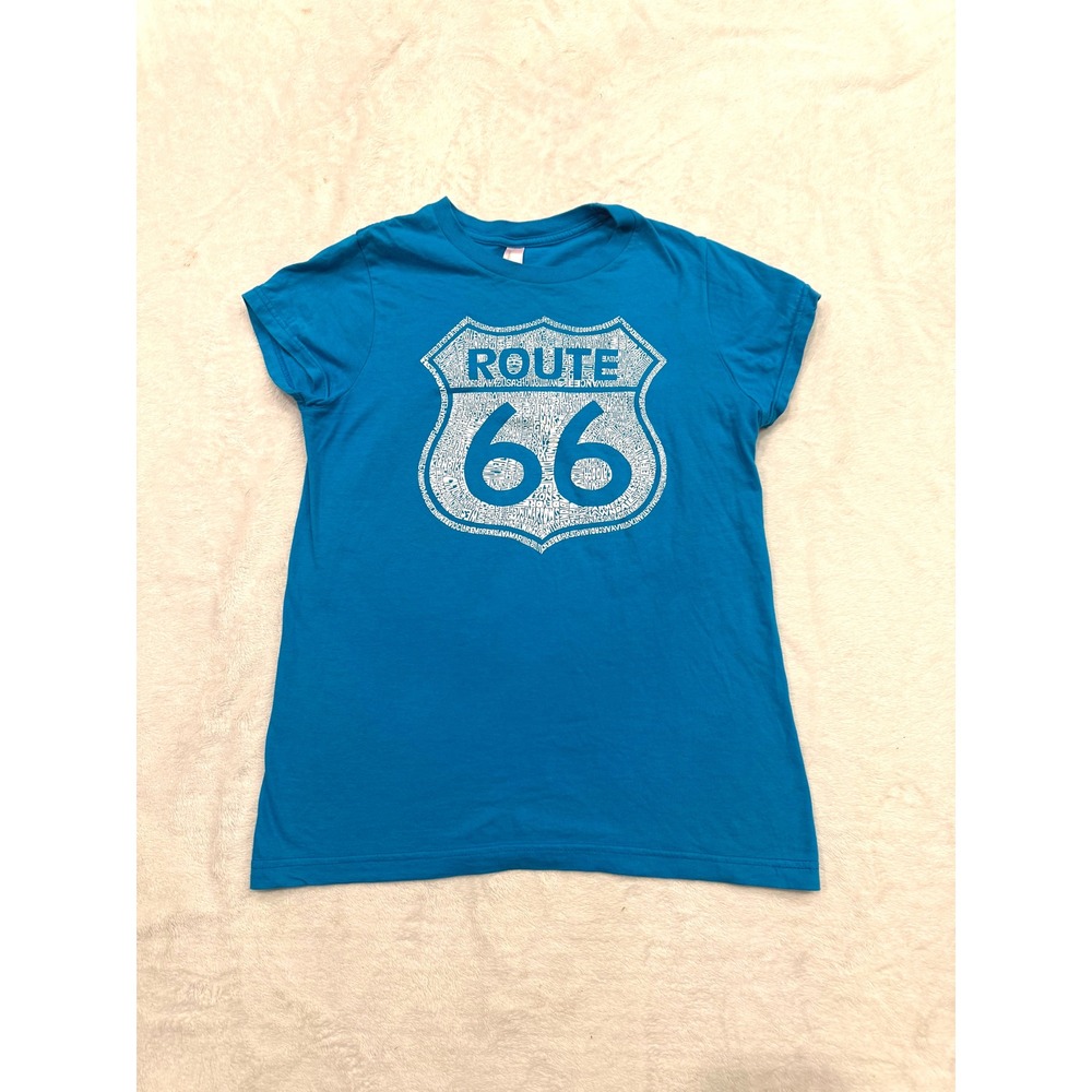 Bayside Apparel Route 66 Graphic‎ T-Shirt Blue Cotton Womens Medium Made in USA